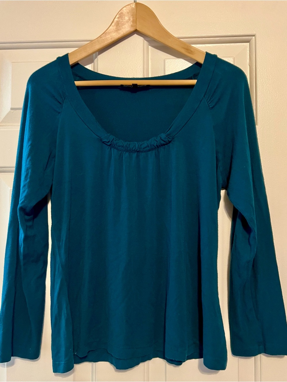 Sweet Pea Deep Teal Blue Ruched Scoop Neck Long Sleeve Top - Size M